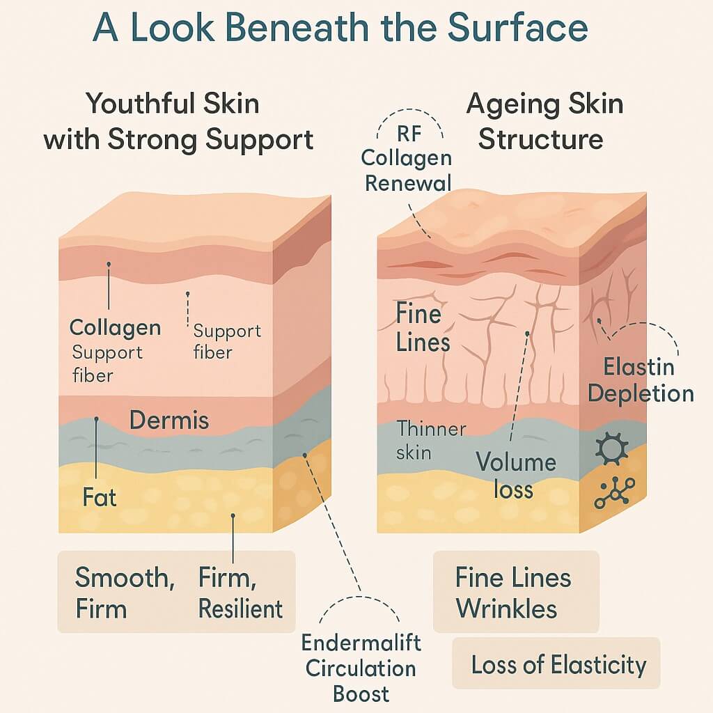 Cross-sectional infographic showing the biological causes of skin ageing, including collagen and elastin loss, reduced hydration, UV damage, and environmental stressors beneath the facial skin surface.