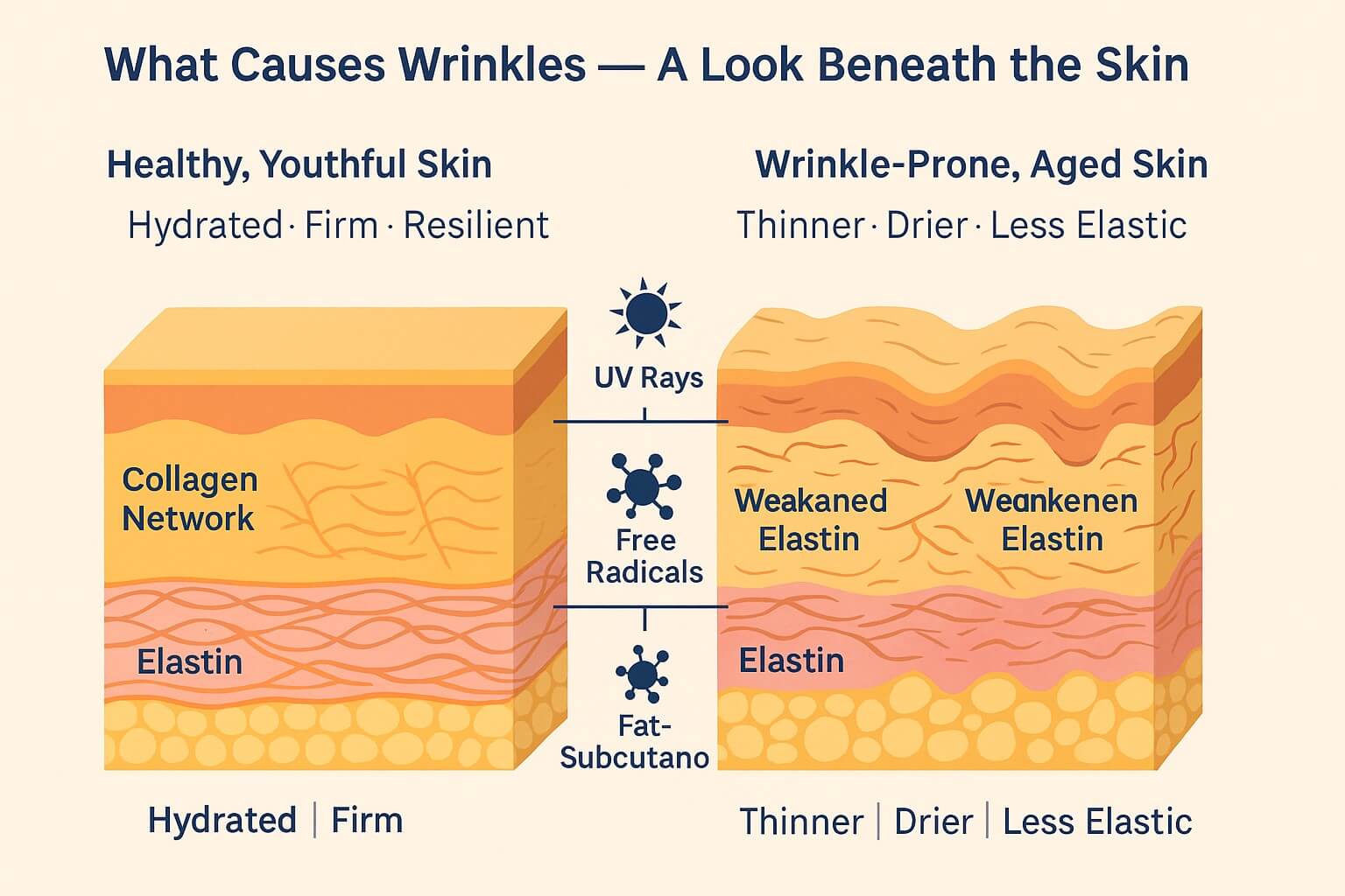 Cross-sectional infographic comparing youthful skin with aged, wrinkle-prone skin, showing collagen and elastin breakdown, thinning epidermis, and loss of skin firm