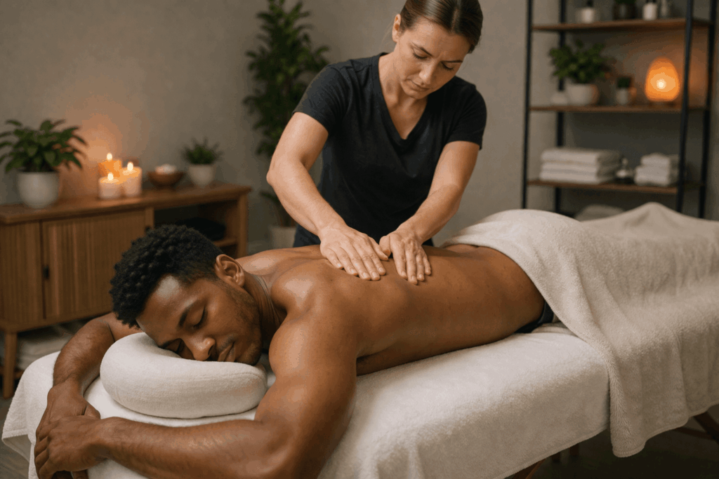 Therapist-consulting-with-client-before-deep-tissue-massage-session-Auckland-Interactive-Theraphies